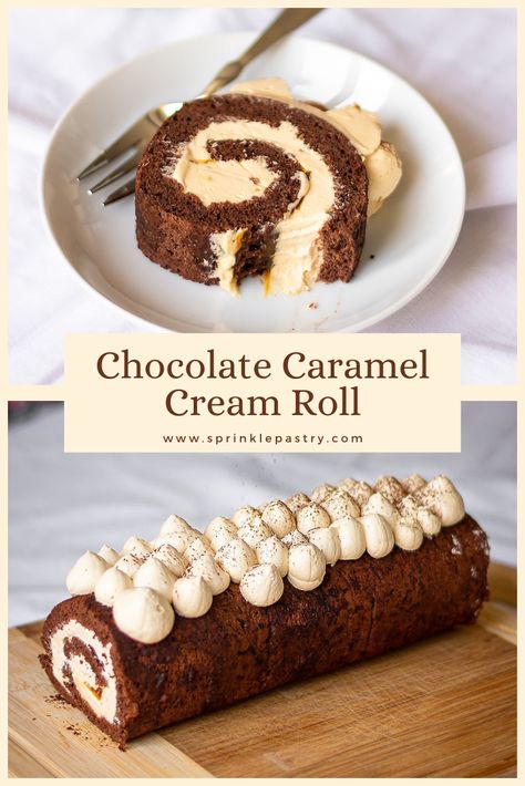 Roll into chocolate and caramel season with this gorgeous chocolate cake roll. A delicious tender swiss chocolate cake filled with fluffy caramel whipped cream and rolled into a beautiful and delectable cake roll. Caramel Roll Cake, Caramel Cream Cake Filling, Caramel Swiss Roll Recipe, Hot Chocolate Cake Roll, Cake Roll Fillings, Caramel Cake Roll, Best Swiss Roll Cake Recipe, Thanksgiving Swiss Roll Cake, Easter Cake Rolls