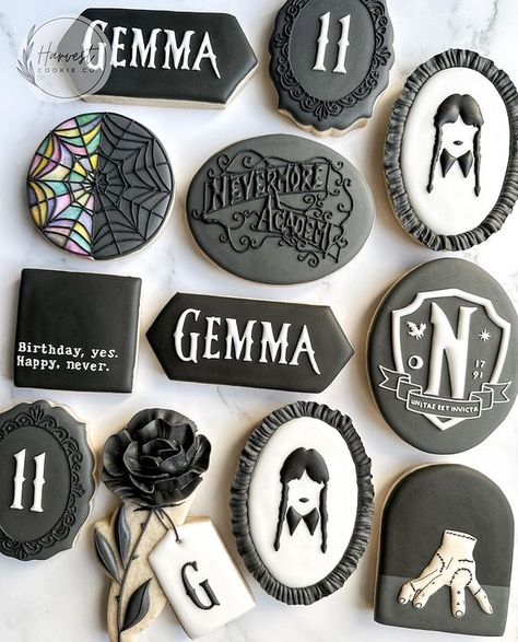 Custom Cookie Artist - Omaha/Ft.Calhoun (@harvestcookieco) • Instagram photos and videos Wednesday Addams Cakes Ideas, Wednesday Adams Cookies, Wednesday Adams Decorated Cookies, Adams Family Cookies Decorated, Wednesday Cookies Decorated, Addams Family Cookies Decorated, Addams Family Cookies, Wednesday Cookies, Tarot Cookies