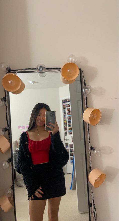 red top with black skirt #redshirt #skirtoutfit #ootd #casualoutfit #skirtfashion Red Shirt And Black Skirt, Red Shirt Black Skirt Outfits, Red Top Black Skirt, Red Top Outfit, Black Skirt Outfit, Black Mini Skirt Outfit, Skz Concert, Black Skirt Outfits, Black Skort