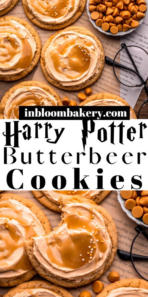 These Harry Potter butterbeer cookies will transport you right into the wizarding world! They're extra chewy cookies flavored with butterscotch, vanilla and butter flavor, frosted with butterscotch buttercream and drizzled with butterbeer caramel sauce. Butterbeer Cookies Recipe, Beer Butter Cookies, Harry Potter Cookie Recipes, Harry Potter Fall Recipes, Butterbeer Cookies Harry Potter, Frosted Fall Cookies, Harry Potter Recipes Desserts, Harry Potter Buttercream Cookies, Butterbeer Dessert Recipes