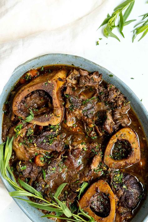 braised beef shanks served with tarragon gremolata. Beef Shanks Recipe, Braised Beef Shanks, Dinner Party Main Course, Marrow Recipe, Beef Shank Recipe, Shanks Recipe, Beef Shanks, Dinner Party Mains, Radicchio Salad