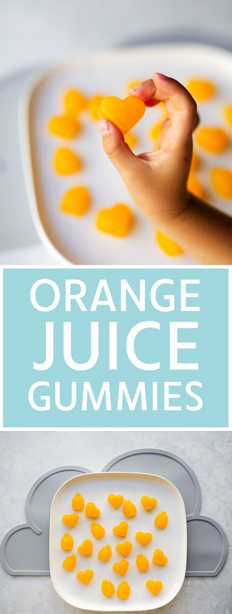 Orange Juice Gummies | Kids Eat by Shanai | Gut Loving Gummies Recipes With Orange Juice, Uses For Orange Juice, Juice Gummies, Recipes Using Orange Juice, Orange Gummies Homemade, Homemade Gummies With Juice, Healthy Fruit Gummies, Fruit Juice Gummies, Diy Healthy Gummies Fruit Snacks