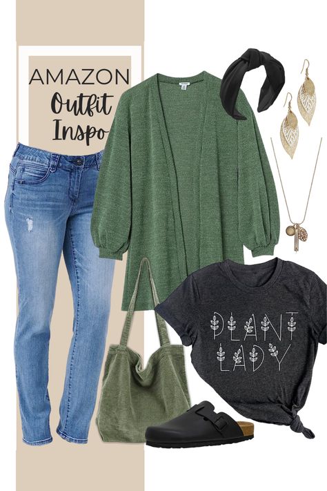 Outfit With Green Cardigan, Green Necklace Outfit, Black Headband Outfit, Dark Green Cardigan Outfit, Green Cardigan Outfit, Casual Outfit Spring, Comfy Jeans Outfit, Dark Green Cardigan, Leaf Earrings Gold