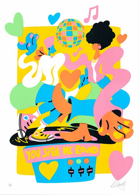 6 colour screenprint, hand pulled onto 330gsm GF Smith paper. Inspired by the times spent with your family, bezzie, or lover dancing under those disco lights. This screenprint was designed exclusively for Blisters: Time to Play in September 2023, which showcased over 50 emerging and established artists, each with a brand new and exclusive edition of handmade screenprints responding to the theme of PLAY. From fairground rides to broader concepts about colour and abstraction, the show comprised an Cartoon Abstract Art, Disco Illustration Graphic Design, Morag Caister, Dancing Illustration Art, Babak Ganjei, Lucille Clerc, Disco Illustration, Club Poster Design, Vinyl Illustration