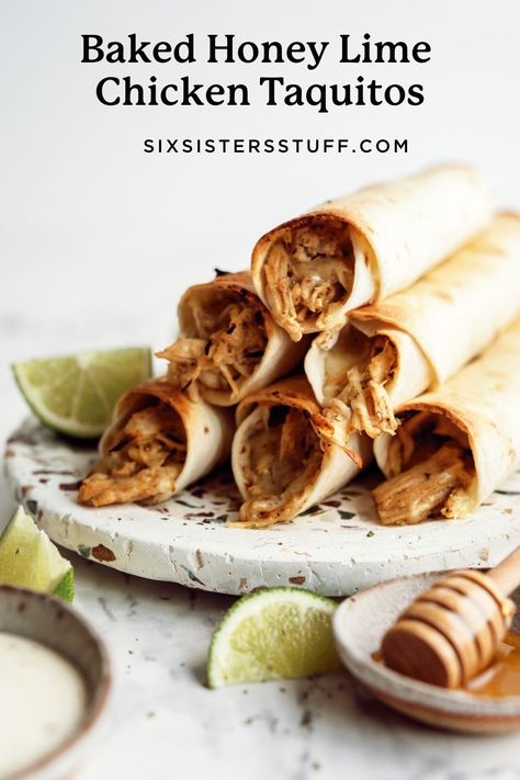 Baked Honey Lime Chicken Taquitos Recipe Honey Lime Chicken Taquitos, Chicken Taquitos Baked, Honey Lime Enchiladas, Turkey Entrees, Chicken Taquitos Recipe, 6 Sisters, Baked Taquitos, 5 Dinners, Taquitos Recipe