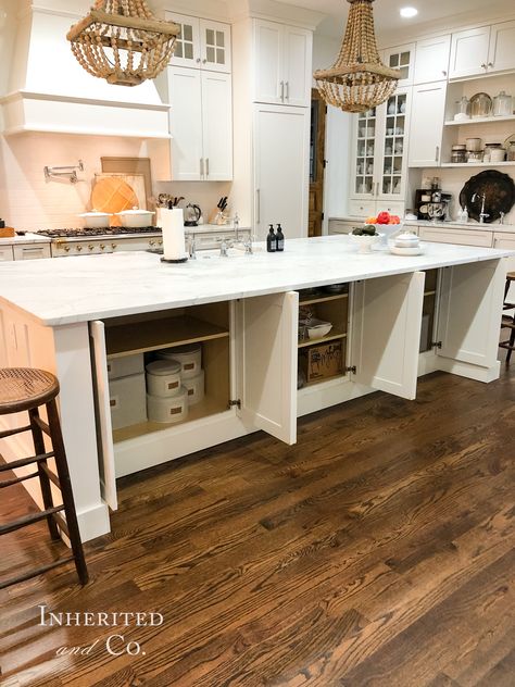 Kitchen Island Design Hack for the Hostess's Home | Inherited and Co. Elongated Kitchen Islands, 10x5 Kitchen Island, Kitchen Island From Stock Cabinets, Kitchen Island With Shelves On End, Kitchen Island Outlets Placement, Island Cabinet Design, Angled Island Kitchen, Kitchen Island Addition, Kitchen Island Using Stock Cabinets