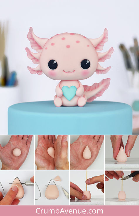 Fondant Axolotl, Axolotl Birthday Cake Ideas, Axolotl Clay Art, Axolotl Cake Topper, Axolotl Cakes, Axolotl Cake Ideas, Axolotl Birthday Party Ideas, Axolotl Birthday Cake, Axolotl Crafts