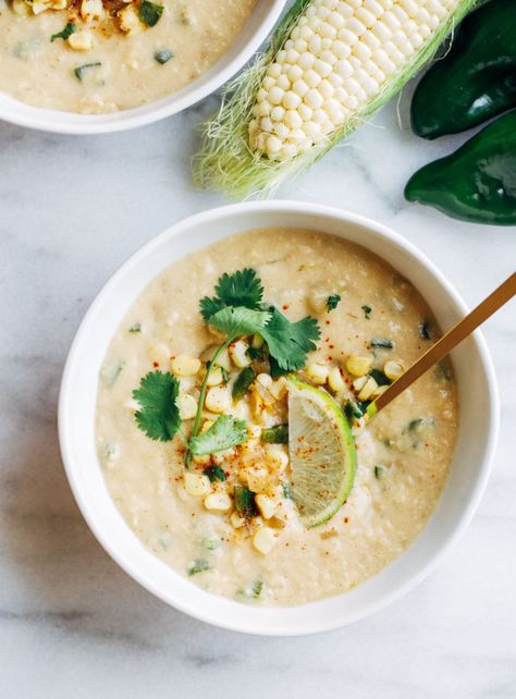 Vegan Roasted Poblano Corn Chowder - Making Thyme for Health Poblano Corn Chowder, Soups Vegan, Poblano Corn, Poblano Soup, Roasted Poblano, Vegan Roast, Vegan Eats, Vegan Soups, Corn Chowder