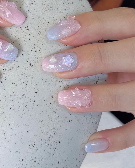 Korean Jelly Nails Simple, Sanrio Jelly Nails, Japanese Glitter Nails, Pearl Jelly Nails, Cute Japanese Nail Art, Magical Nail Art, Blue Jelly Nails Korean, Korean Jelly Nails Designs, Short Nails Jelly