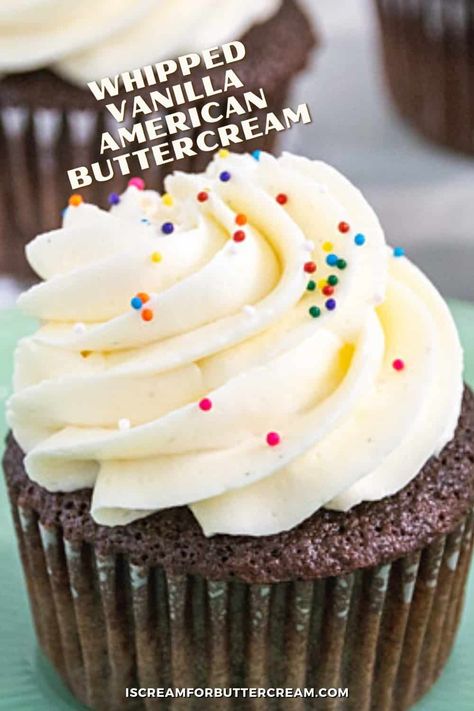 Deliciously moist chocolate cupcakes filled with whipped buttercream and topped off with a yummy chocolate ganache glaze. Everyone will love these cream filled chocolate cupcakes and they're perfect for birthday parties or any other celebration. Best Vanilla Buttercream Frosting, Filled Chocolate Cupcakes, American Buttercream Frosting, Frosting For Chocolate Cupcakes, Buttercream Recipes, Vanilla Frosting Recipes, Whipped Buttercream, Buttercream Icing Recipe, American Buttercream