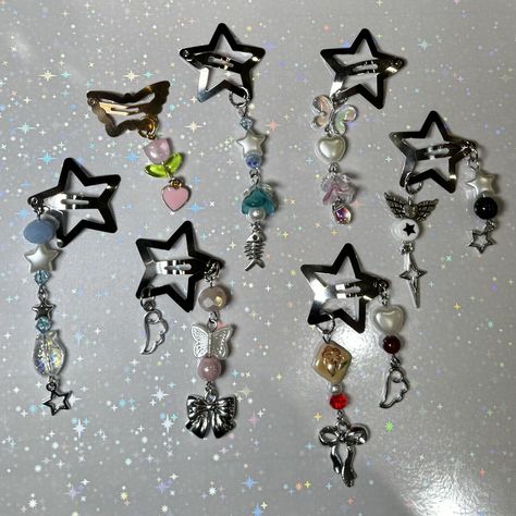 silver metal star hair clips with handmade beaded charms making the perfect accessory for any hairstyle Handle with Care! No excessive pulling on the charms. Protect from sharps to prevent any scratches.  Keep item dry & avoid prolonged exposure to water. For longer wear 🫧  ฅ^*ﻌ*^ฅ Hair Clips In Hair, Hair Clips With Beads, Custom Phone Cases Ideas, Hair Charm, Star Hair Clips, Handmade Hair Clips, Bag Accessories Diy, Beaded Star, Beaded Charms