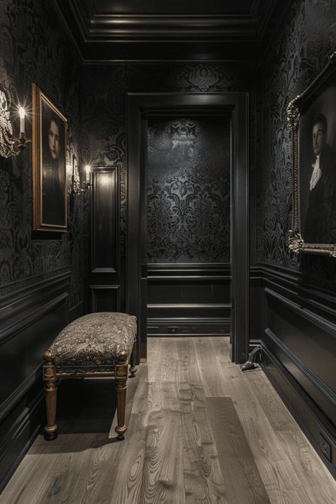 Dark Home Decor Ideas, Modern Goth Home, Dark Leather Couches, Dark And Moody Interiors, Moody Interiors, Ceiling Murals, Barn Style House Plans, Dark Home Decor, Cottage Interior