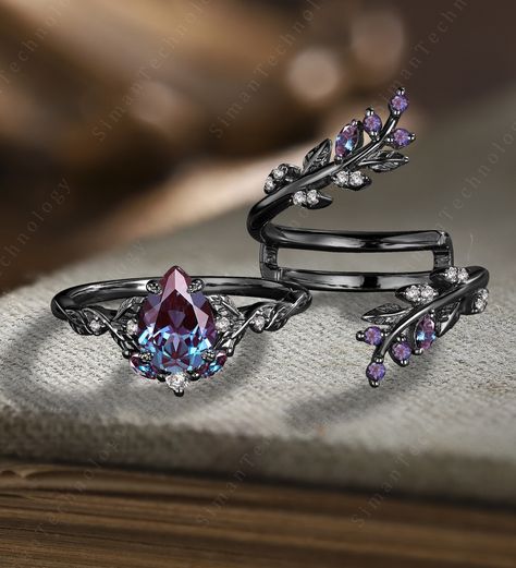 Gothic Vintage Wedding Ring, Thorn Engagement Ring, Alexandrite Engagement Ring White Gold, Halloween Wedding Rings, Natural Alexandrite Ring, Elf Wedding Ring, Mystical Wedding Rings, Elven Engagement Ring, Black Band Engagement Ring