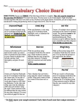 After receiving vocabulary words for the week, students will be given this choice board activity where they can choose any three activities to complete using their vocabulary words. I let my students choose any three activities as opposed to making them do three in a row. Vocabulary Choice Board, Future Educator, Middle School Classroom Management, Teacher Items, Ap Language And Composition, 6th Grade Reading, Book Reports, Choice Board, Teaching Vocabulary