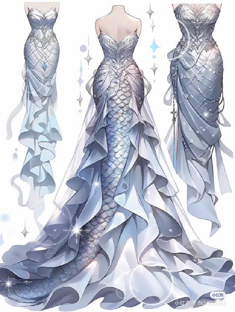 Mermaid Fantasy Dress, Fantasy Mermaid Dress, Mermaid Dress Drawing, Ocean Inspired Dress, Ocean Dresses, Manga Jewelry, Ocean Dress, Barbie Fashion Sketches, Sea Dress