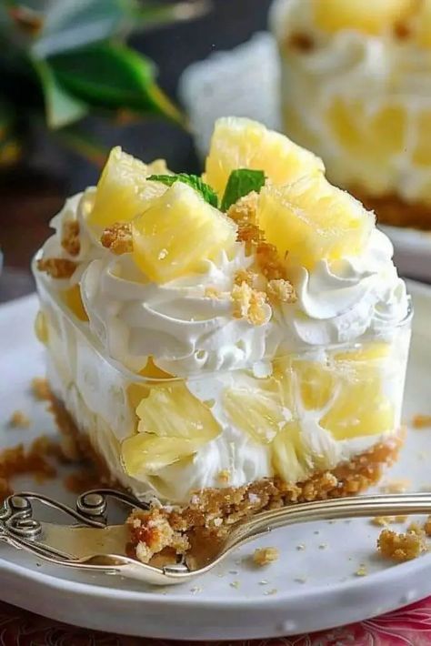 No-Bake Pineapple Dream Dessert - Recipecs No Bake Pineapple Cream Dessert, Pineapple Squares, Pineapple Dream, Pineapple Dream Dessert, Pineapple Angel Food, Dream Dessert, Pineapple Dessert, Amish Chicken, Pineapple Syrup