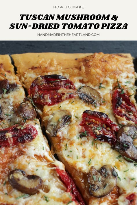 slice of homemade pizza topped with sun-dried tomatoes and mushrooms sitting on slate cutting board Ooni Pizza, Pizza Oven Recipes, Handmade Pizza, Tomato Pizza, Calzone Pizza, Pizza Calzones, Pizza Flatbread, Making Homemade Pizza, Pizza Recipes Homemade