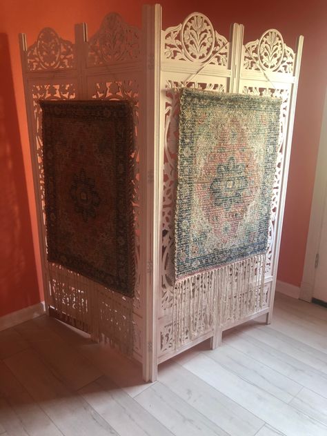 Amazon.com: Room Divider Wood Floor Screen Partition - Sari Patchwork Fabric on Antique Brown Wood Frame - Three Folding Panels 60x72 - Free Standing Portable Small Spaces Boho Hand Crafted Screen - COTTON CRAFT : Home & Kitchen Room Divider Aesthetic, Small Space Boho, Room Divider Wood, Screen Partition, Portable Room Dividers, Floor Screen, Cotton Craft, Large Scale Art, Scale Art