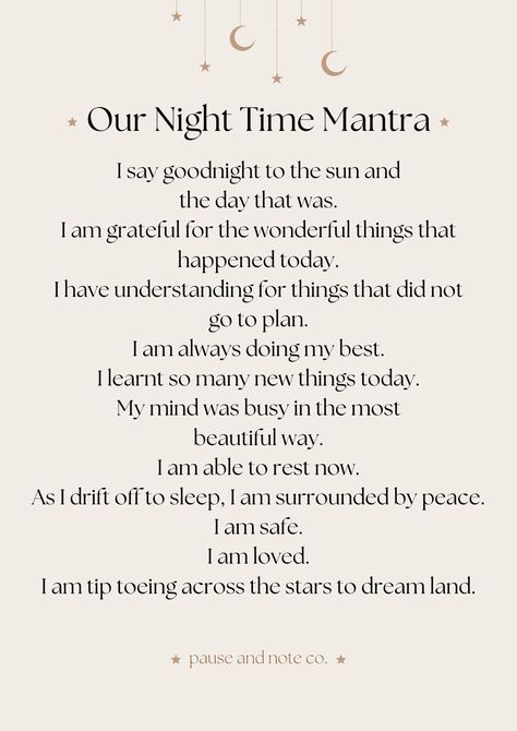 A beautiful night time mantra to support your loved one to reflect on their day and ease into sleep. Give your child the gift of a positive internal narrative and guide them into rest at the end of their day. Printable up to A4 size.