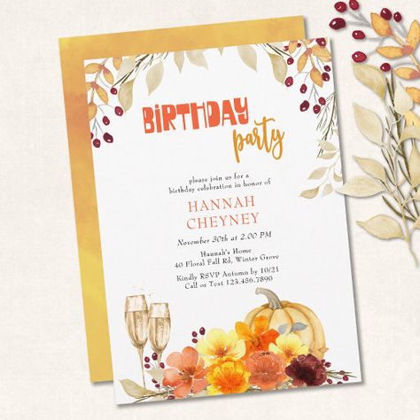 Autumn Flowers Wine Pumpkin Fall Birthday Party Invitation Wine Pumpkin, Fall Invitations, Groovy Typography, Thanksgiving Watercolor, Fall Birthday Party, Flowers Wine, Autumn Invitations, Fall Birthday Parties, Autumn Party