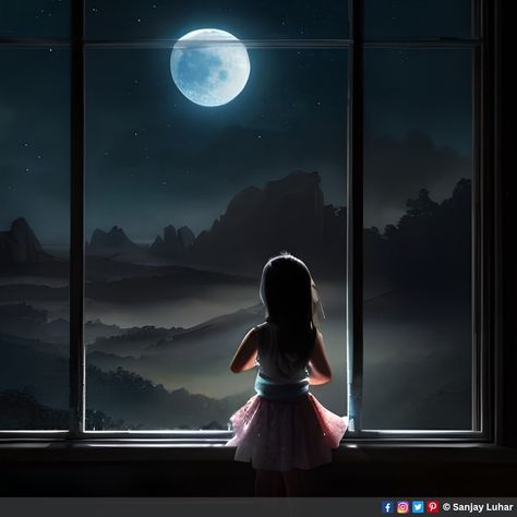 Girl Watching Moon Watching The Moon Aesthetic, Girl Watching Moon, Moon Window, Girl Swinging, Sky Art Painting, Full Moon Night, Bow Wallpaper, Moon Drawing, Falling From The Sky