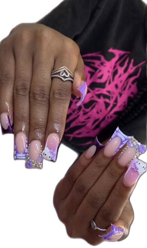 Purple Hello Kitty Nails, Dope Nail Designs Mid Length, Hello Kitty Duck Nails, Purple Birthday Nails, Purple Hello Kitty, Abstract Nails, Kitty Nails, Duck Nails, Nails Arts