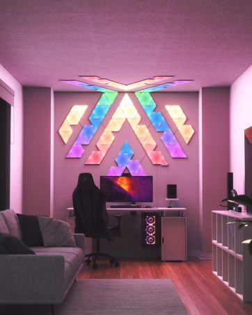 Nanoleaf Shapes Triangles and Mini Triangles WiFi and Thread Smart RGBW LED Dimmable Gaming and Home Decor Wall Lights Smarter Kit (17 Pack) Nanoleaf Panels, Nanoleaf Designs, Games Room Inspiration, Music Visualization, Technology Products, Creator Studio, Screen Mirroring, Games Room, Gaming Room Setup