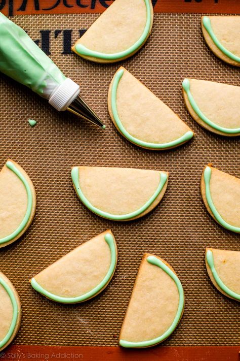 Watermelon Sugar Cookies | Sally's Baking Addiction Summer Cutout Cookies, Summer Decorated Sugar Cookies, Watermelon Sugar Cookies, Fruit Sugar Cookies, Summer Sugar Cookies, Watermelon Cookies, Buttery Sugar Cookies, Watermelon Birthday Parties, Flooding Cookies