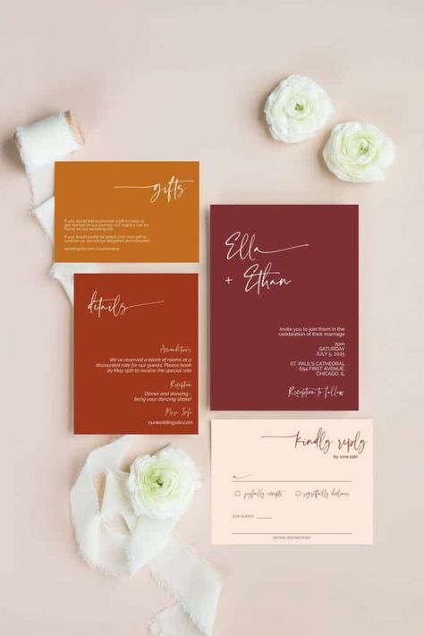 21 Beautiful Fall Wedding Invitations - LADY WEDDINGS Wedding Invite Autumn, Fall Floral Wedding Invitations, Autumn Wedding Stationery, Autumn Wedding Palette, 2024 Wedding Invitations, Terracotta And Navy Wedding, Minimal Fall Wedding, Bright Fall Wedding, Fall Wedding Aesthetic