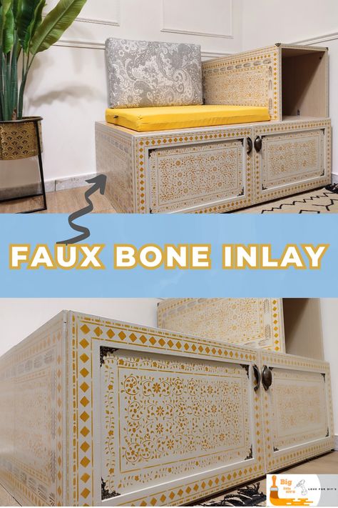 furniture with bone inlay technique with with and mustard color Bone Inlay Diy, Bone Inlay Furniture, Inlay Furniture, Diy Makeover, Bone Inlay, Entryway Furniture, Big Love, Furniture Makeover, Step Guide