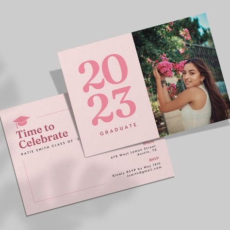 "Celebrate your graduation in style with our trendy graduation invitation! Our downloadable and editable template is perfect for high school and college graduates, those hosting a graduation party, or anyone wanting to honor and celebrate a graduate. Our invitation features a modern and trendy design, with bright pink and colorful elements that will get everyone excited for your celebration. Our Graduation Invitation is fully customizable and can be easily personalized to suit your style and nee Pink Grad Invitations, Grad Party Cards, Pink Graduation Invitations, Pink Theme Graduation Party, Pastel Grad Party, Grad Announcements High School, Graduation Invitations Ideas, Grad Party Pink, Grad Invite Ideas