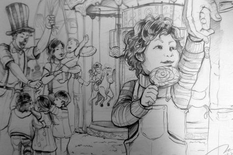 Fun Fair Scene Drawing by TCHS530 (print image) Fair Drawings Sketch, Fair Scene Drawing, Fun Fair Drawing, Memories Drawing Ideas, Composition Drawing Sketches, Fair Drawings, Fair Paintings, Memory Drawing, Beautiful Pencil Drawings