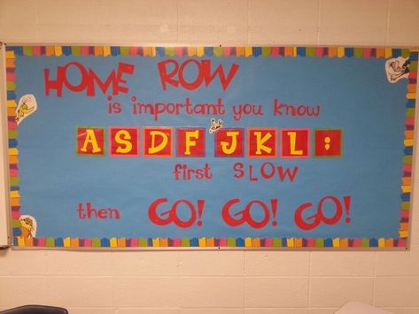 Computer lab bulletin board idea for typing and home row! Beyond adorable idea, love the rhyme to get students memorizing the computer keys. Keyboard Bulletin Board, Computer Lab Bulletin Board Ideas, Computer Bulletin Boards, Technology Bulletin Board, Computer Lab Decor, School Computer Lab, Elementary Computer Lab, Computer Lab Lessons, Computer Keys