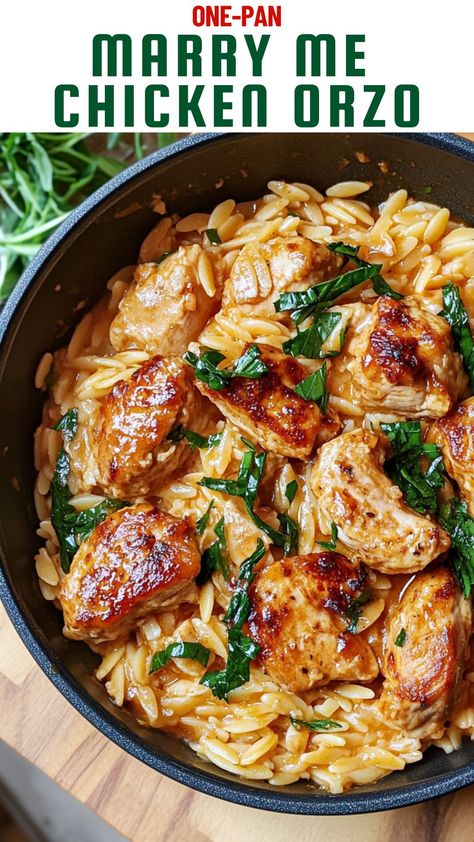 Get ready to impress with this One-Pan Marry Me Chicken Orzo! This delightful dish features juicy chicken, creamy orzo, and a burst of Mediterranean flavors. Perfect for weeknight dinners or special occasions, this recipe is an easy crowd-pleaser. Save it now to make your next meal truly memorable! Marry Me Chicken Skinnytaste, One Pan Creamy Chicken Orzo, One Pan Marry Me Chicken, Healthy Marry Me Chicken Recipe, Easy One Pot Chicken Dinner, Chicken Recipes With Orzo, One Pan Lemon Chicken And Orzo, One Pan Chicken And Orzo, One Pan Chicken Orzo Recipes