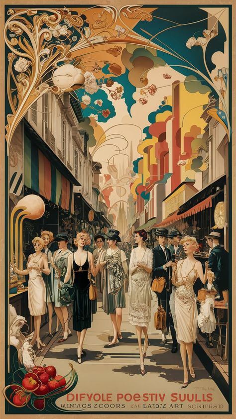 1920s Art Nouveau, 1920s Poster, 1920 Poster, Merging Art, Vintage Disney Posters, 1920s Aesthetic, 1920s Jazz, Market Scene, Book Scrapbook