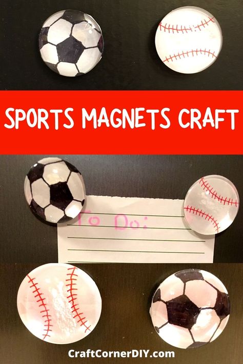 Learn how to make soccer and baseball magnets. Fun sports craft for kids to make. #sportskidscraft Volleyball Crafts For Kids, Baseball Crafts For Kids, Soccer Ball Crafts, Sports Crafts For Kids, Sports Vbs, Kids Sports Crafts, Soccer Crafts, Soccer Ideas, Market Day Ideas