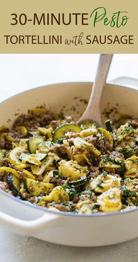 Pesto Tortellini With Sausage, Yellow Squash Pasta, Squash And Italian Sausage, Italian Sausage And Zucchini, Tortellini With Sausage, Crockpot Italian Sausage, Pesto Tortellini Salad, Healthy Sausage Recipes, Pesto Zucchini