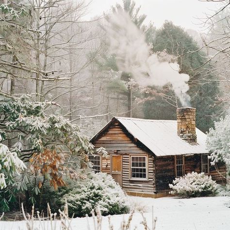 Cozy winter cabin in snowy forest with chimney smoke, rustic retreat for a peaceful getaway. Small Winter Cabin, Winter Cabin Aesthetic, Winter Cabin In The Woods, Cabin In Winter, Arctic Cabins, February Aesthetic, Cabin In The Snow, Cozy Cabin In The Woods, Cozy Winter Cabin