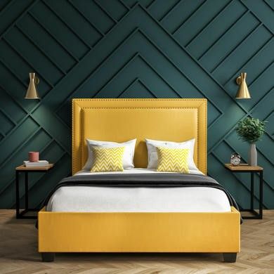 Yellow Headboard, Studded Headboard, Mustard Bedding, Yellow Bedding, Bedroom Wall Paint, Yellow Bedroom, Velvet Bed, Redecorate Bedroom, Ottoman Bed