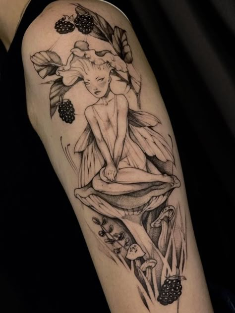 ig: @hethtattoos Womens Goth Tattoo, Fairy Half Sleeve Tattoo, Forest Fairy Tattoo Sleeve, Meaningful Nature Tattoos, Fairytale Sleeve Tattoo, Fairy Sitting On Mushroom Tattoo, Earth Fairy Tattoo, Fairy Arm Tattoo, Dryad Tattoo