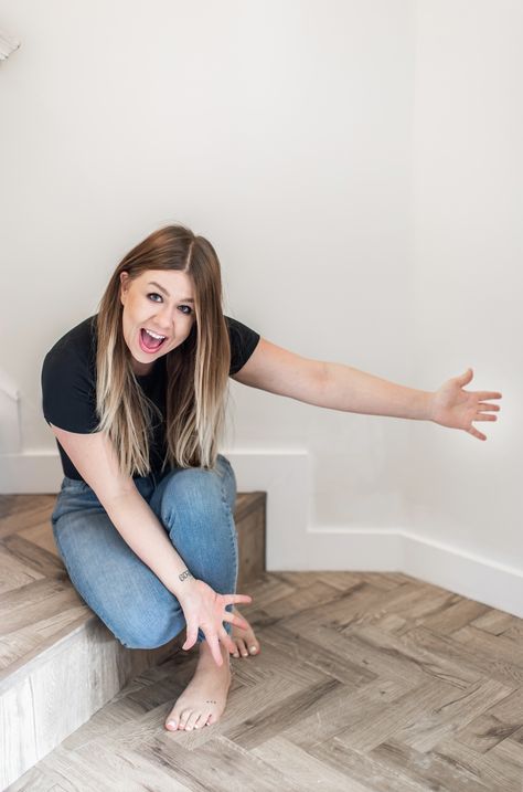 Check out this easy DIY peel and stick herringbone tile floor! Peel And Stick Floor Tile On Stairs, Peel And Stick Flooring On Stairs, Diy Herringbone Floor Vinyl, Easy Diy Bathroom Floor, Herringbone Stick On Tile, Peel And Stick Brick Floor Tile, Peel And Stick Floor Tile Wood Look, Best Peel And Stick Floor Tile Kitchen, Peek And Stick Floor Tile