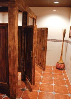 Wood Bathroom Partitions, Diy Bathroom Stalls, Bathroom Stall Ideas, Campground Bathroom, Brewery Bathroom, Commercial Bathroom Ideas, Bathroom Stall Doors, Reclaimed Bathroom, Rustic Toilet