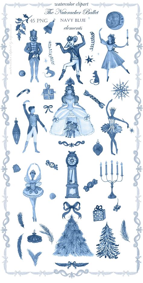 "The Nutcracker Ballet Navy Blue Clipart 45 Elements | Christmas Clipart | Nutcracker Ballet | Winter clipart | New Year clipart  The Nutcracker ballet watercolor illustrations. Feel the magic of sparkling Christmas Eve. Illustrations inspired beautiful Nutcracker ballet  Pretty Clara, Nutcracker & the Mouse King and much more colorful illustrations. This set is ideal for creating card template designs, for your logo, on your blog, invitations, digital projects, sites, scrapbooking, wedding invi Ballet Watercolor, Clara Nutcracker, Theatre Decorations, The Mouse King, Blue Clipart, The Nutcracker Ballet, New Year Clipart, Mouse King, Winter Clipart