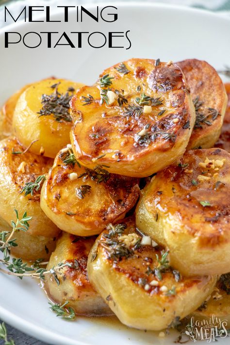 These gorgeous, golden, oven-roasted Melting Potatoes soaked in chicken stock are so tender, they really do melt in your mouth. Scored Baked Potatoes, Date Night Potatoes, Best Potatoes Recipes, Potato Medallions Baked, Melting Potatoes Food Network, Gem Potato Recipes, Klondike Potatoes Recipes, Food 52 Recipes Website, 15 Hour Potato Recipe