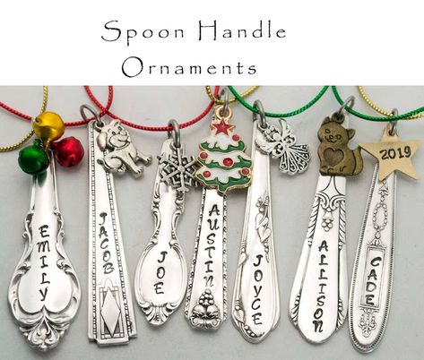 Stamped Spoon Ornament Personalized Vintage Silverware Handle - Etsy Silver Bells Christmas, Spoon Ornaments, Silver Spoon Jewelry, Christmas Spoons, Silverware Crafts, Silverware Art, Christmas Angel Ornaments, Stamped Spoons, Vintage Spoons