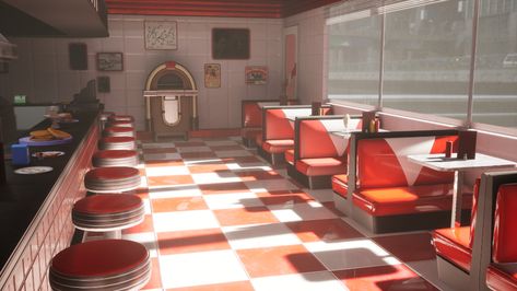 ArtStation - Stylized Environment: 50s American Diner Retro Diner Illustration, Cozy Diner Aesthetic, Old Timey Diner, Diner Concept Art, Cursed Mcdonalds, Diner Reference, Diner Artwork, American Diner Interior, Restaurant Concept Art