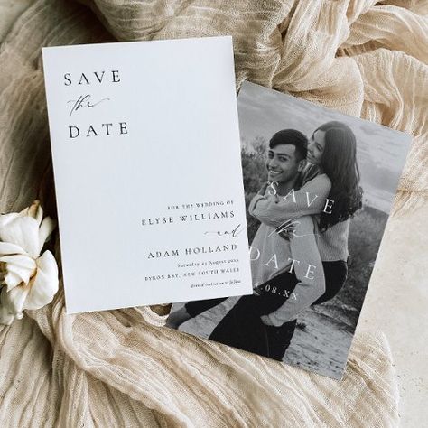 $2.92 | Ellesmere Modern Minimalist Wedding Save The Date #minimalist wedding, modern wedding invitations, minimalist script, stylish trendy typography, neutral clean invitation, simple affordable wedding, classy black white wedding invitation, wedding save the date, wedding date saver, photo save the date Save The Date Inspiration, Save The Date Pictures, Black And White Wedding Invitations, Save The Date Designs, Wedding Invitation Inspiration, Date Invitation, Modern Minimalist Wedding, Modern Minimalist Design, Simple Invitation