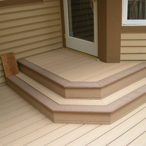 Trex two tone box steps between the house and lower deck.   #SoundDecks #Decking #Stairs #OutdoorLiving Stairs Outside Outdoor Steps, Decking Stairs, Corner Stairs, Box Steps, Mini Castle, Patio Steps, Outdoor Steps, Deck Stairs, Lower Deck