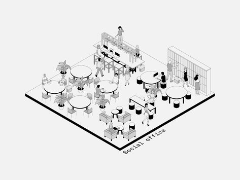 Isometric Office Spaces: 13-15 by Aaron Gustav Swaffer on Dribbble Office Isometric, Isometric Furniture, Isometric Office, Isometric Room, Innovation Hub, Mechanical Workshop, Light System, Architecture Design Sketch, Architecture Design Drawing