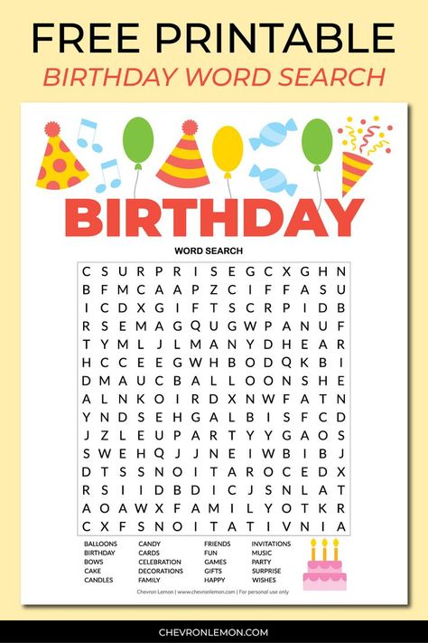 Free printable birthday word search Birthday Word Search, Cake Surprise, Happy Birthday Coloring Pages, Birthday Party Activity, Printable Games For Kids, Happy Birthday Printable, Family Cake, Printable Decorations, Birthday Coloring Pages